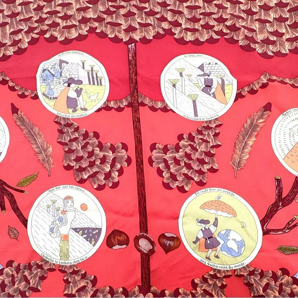 Hermes, silk scarf. The theme is the magic umbrella, coral colorway w/vignettes.